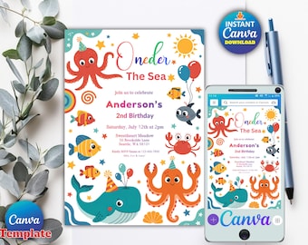 Inbjudan till Oneder the Sea-födelsedag, redigerbar mall under havet, inbjudan till 1-årsdag, inbjudan till flickor med havsdjur och Oneder the Sea