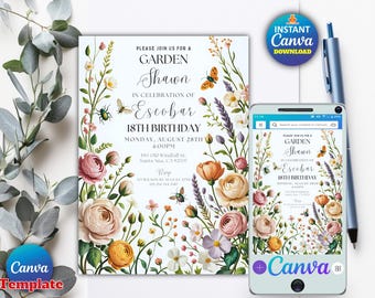 Wildflower Birthday Invitation Girl Garden Party | Floral Butterfly Spring Flowers | Editable Floral Canva Template (Digital Download)