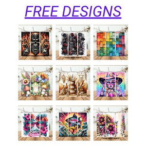 May include: Nine stainless steel tumblers with various designs are displayed. The designs include a skull with flames, roses, colourful blocks, a frog with flowers, a rustic theme, a witch, a beach theme, a fish, and sunflowers. The text "FREE DESIGNS" is at the top.