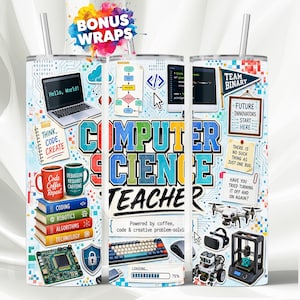 Op de afbeelding: Een cilindrische beker met rietje met een informatica-thema. De afbeeldingen bevatten een laptop, boeken met de labels Coding, Robotics, Algorithms, Technology, een toetsenbord, een 3D-printer, een drone en diverse teksten.