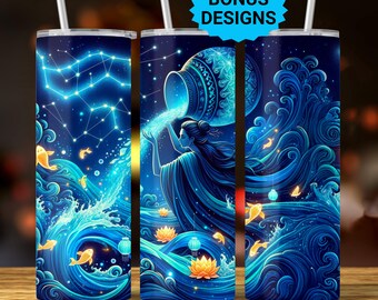Aquarius Zodiac 20oz Skinny Tumbler Wrap,  Celestial Star Sign Sublimation Design, Tumbler Wrap Seamless Straight PNG Digital Download