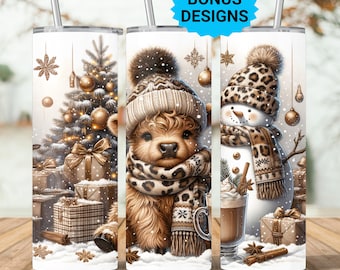 Cute Winter Christmas Highland Cow 20oz Tumbler Wrap, Christmas Trees Presents Png, Tumbler Png, 20oz Seamless Wrap, Digital Download