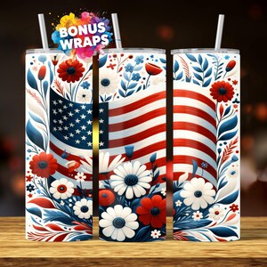Spring Flowers American Flag 20oz Skinny Tumbler Wrap Patriotic Red White Blue Seamless 4th of July Sublimation Digital Download