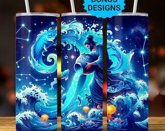 Aquarius Zodiac 20oz Skinny Tumbler Wrap,  Celestial Star Sign Sublimation Design, Tumbler Wrap Seamless Straight PNG Digital Download