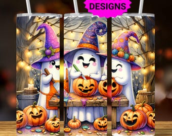Spooky Ghosts Pumpkin Carving Halloween Season, 20 oz Skinny Tumbler Sublimation Design, Halloween Tumbler Wrap, Digital Download