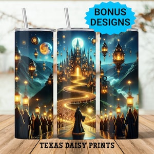 Magic World Tumbler Wrap, 20 Unzen Skinny Tumbler Wrap PNG, nahtlose Zauberer Tumbler Design, Zaubererschule, digitaler Download