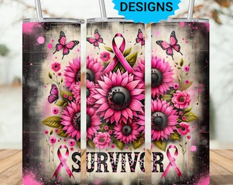 Breast Cancer Survivor 20 oz Skinny Tumbler Seamless Sublimation Design Digital Download PNG, Pink Ribbon Awareness Tumbler