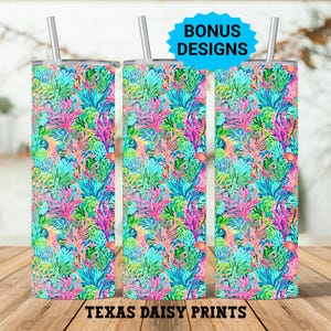 Tropical Ocean Cute Coral Watercolor 20oz Skinny Tumbler Seamless Sublimation Design Templates,Straight PNG Digital Download