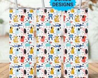 Cartoon Dogs Colorful 20oz Skinny Tumbler Seamless Sublimation Design Templates,Straight PNG Digital Download