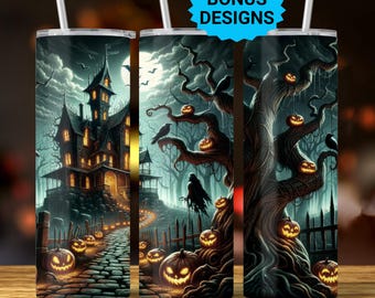 Halloween Haunted House Tumbler Wrap, 20 oz Skinny Tumbler Sublimation Design, Seamless Tumbler Wrap PNG, Spooky Fall PNG Digital Download