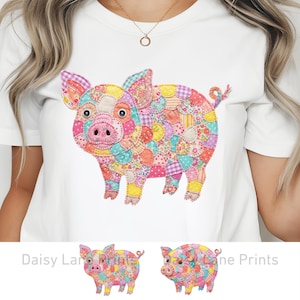 May include: White t-shirt featuring a colorful patchwork pig design. The pig is made up of various fabric patterns in shades of pink, yellow, blue, and orange. The text "Daisy Lane Prints" is at the bottom of the image.