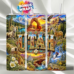 May include: A set of three stainless steel tumblers with a wrap-around design featuring Utah landscapes and wildlife. The design includes the word "UTAH" in large letters, a bighorn sheep, a deer, and a skier. The tumblers have a straw and the words "BONUS WRAPS".