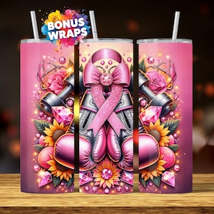 Vaso delgado de 20 oz con diseño de sublimación sin costuras, cinta rosa para boxeo y entrenamiento deportivo contra el cáncer de mama, descarga digital PNG con brillo glamuroso