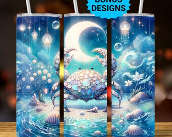 Cancer Zodiac 20oz Skinny Tumbler Wrap,  Celestial Star Sign Sublimation Design, Tumbler Wrap Seamless Straight PNG Digital Download