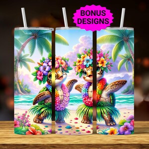 May include: A set of three stainless steel tumblers with a tropical design. Each tumbler features a cartoon turtle wearing a flower crown and lei, set against a beach scene with palm trees and ocean. The tumblers have a straw and the text "BONUS DESIGNS".