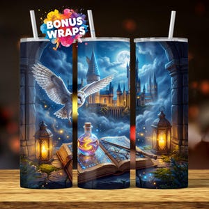 May include: A stainless steel tumbler with a fantasy-themed design. The design features a white owl in flight, a castle, and an open book with a potion bottle. The tumbler has a straw and the words "BONUS WRAPS".