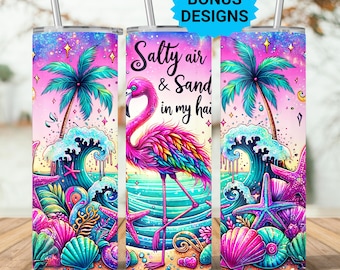Caribbean Flamingo Tumbler Wrap, Salt In The Air Sand In My Hair 20oz Skinny Tumbler Seamless Sublimation Design, PNG Digital Download