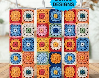 May include: Three stainless steel tumblers with colorful crochet-style patterns in orange, blue, red, and green. Each tumbler has a silver straw and the words "BONUS DESIGNS" in a blue bubble. The words "TEXAS DAISY PRINTS" are at the bottom.