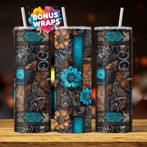 May include: Three stainless steel tumblers with floral and scrollwork designs. The tumblers feature a mix of teal, brown, and black colors, with a floral design and the text "BONUS WRAPS". Each tumbler has a silver straw.