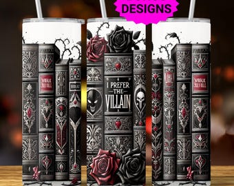 Romantasy „Wolę złoczyńcę” – 20-uncjowy chudy kubek do sublimacji, mroczny romans, gotycka fantastyka – kubek do książki w formacie PNG do pobrania w wersji cyfrowej