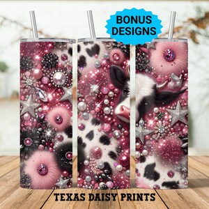 Cow Print PinkGlitter 20oz Skinny Tumbler Wrap PNG Design, Western Black and White Cowhide Sparkle Tumbler Straight Digital Download