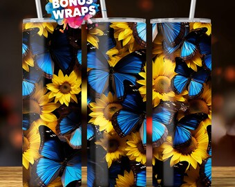 3D Butterflies Sunflowers, 20oz Tumbler Wrap Png Seamless Spring Flowers Tumbler Png Floral 20 Oz Tumbler Png Sublimation Design