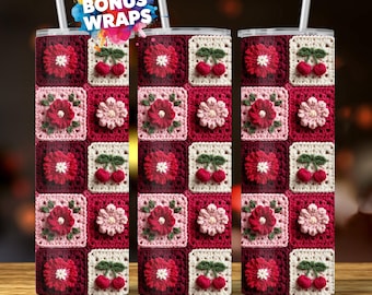 Crocheted Cherry Wildflowers 20oz Tumbler Wrap Png Crochet Cherries Granny Squares Tumbler Wrap Png Seamless Sublimation Design