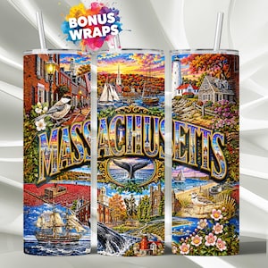 Puede incluir: Un vaso de acero inoxidable con un vibrante collage de monumentos de Massachusetts. El diseño incluye un faro, veleros y la palabra "Massachusetts" en una fuente decorativa. El vaso tiene una pajita y un logotipo de "Bonus Wraps".