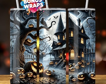 Halloween Haunted House Tumbler Wrap, 20 oz Skinny Tumbler Sublimation Design, Seamless  Tumbler Wrap PNG, Spooky Fall PNG Digital Download