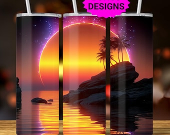 Beach Sunset 20oz Skinny Tumbler Sublimation Templates, Tropical Palm Trees Tropical Ocean Scene Seamless Straight PNG Digital Download