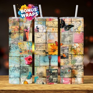 May include: Three stainless steel tumblers with straws, each featuring a collage design of vintage postcards, stamps, and butterflies. The tumblers have the text "BONUS WRAPS" in a colorful splash.