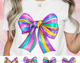 Coquette Bows Rainbow Randig T-shirt PNG Clipart, Randig Sublimering Digital Design, Rolig Clipart Bundle Sublimering Digital Nedladdning