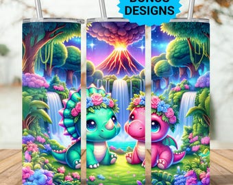 Dinosaur Kawaii Dino Kids  20oz Skinny Tumbler Sublimation Templates, Cute T-Rex Seamless Straight PNG Digital Download