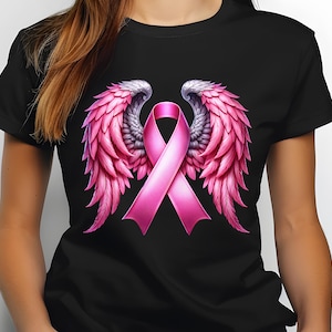 Pink Ribbon Angel Wings Breast Cancer Survivor PNG, Sublimation Design Digital Download PNG, Cancer Awareness Ribbon