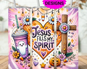 May include: A set of three stainless steel tumblers with colorful, whimsical designs. One tumbler features a ghost with a drink, another has a heart with the text "Jesus Fills My Spirit", and the third has a cross. Each tumbler has a straw.