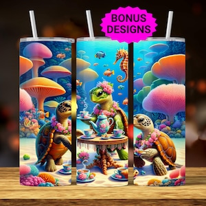 Cute Sea Turtle Ocean Tea Party 20oz Skinny Tumbler Designs, Seamless Coral Starfish 20 oz Tumbler Wrap Template, PNG Digital Download