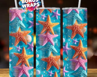 3D Starfish Tropical Summer 20oz Skinny Tumbler Wrap, Beach Ocean Tumbler Seamless Sublimation Design