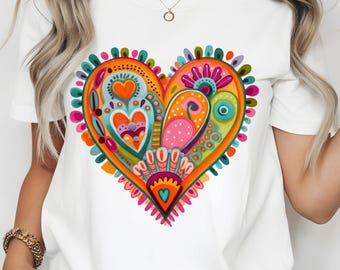Flower Heart Png, T-Shirt Design, Whimsical Boho Folk-Art Heart png, Pop Art Valentines Sublimation Digital Download