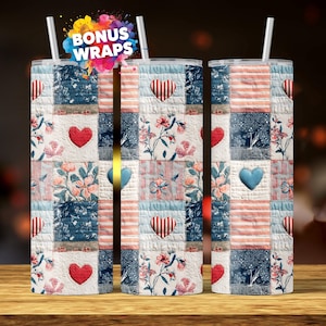 Quilting Hearts and Flowers 20oz Skinny Tumbler Wrap,  Forth of July Seamless Sublimation Design, Patchwork Straight PNG Digital Download