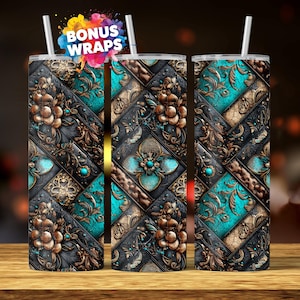 Peut inclure: Trois gobelets en acier inoxydable avec pailles. Chaque gobelet présente un motif répété de motifs ornés turquoise, noirs et dorés. Les gobelets ont un motif floral et géométrique décoratif avec le texte "BONUS WRAPS" dans une éclaboussure colorée.