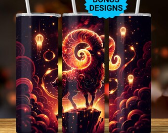 Aries Zodiac 20oz Skinny Tumbler Wrap,  Celestial Star Sign Sublimation Design, Tumbler Wrap Seamless Straight PNG Digital Download