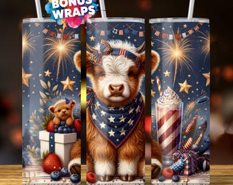 Cute Baby Highland Cow , 20oz Skinny Tumbler Wrap Sublimation Design, Cow Love 4th Of July Tumbler Wrap Seamless PNG Digital Download