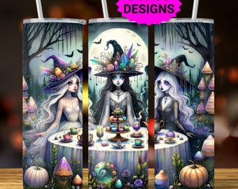 Witch Tea Party Halloween Tumbler Wrap, 20oz Skinny Tumbler Sublimation Design, Spooky Tumbler Wrap, Witch's Halloween PNG, Digital Download