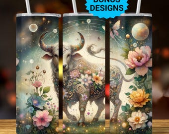 Tarus Zodiac 20oz Skinny Tumbler Wrap,  Celestial Star Sign Sublimation Design, Tumbler Wrap Seamless Straight PNG Digital Download