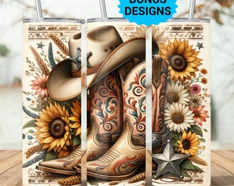 Western Boots 20oz Skinny Tumbler Wrap, Cowgirl Seamless Sunflowers, Digital Download