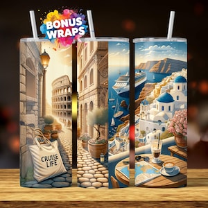 Cruise Time Tumbler Wrap, 20 Unzen Skinny Tumbler PNG Italien Griechenland Split Cruise Life Urlaub Sublimationsdesign, digitaler Download