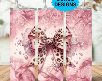 Coquette Bows Animal Print 20oz Skinny Tumbler Sublimation Design, Coquette Pink Bows Sublimation Tumbler Wrap Digital Download