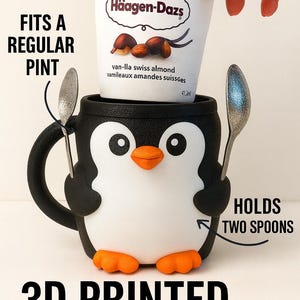3D Printed Pebble Penguin Ice Cream Pint Holder  – Insulated Cup for Häagen-Dazs, Ben & Jerry’s and more– Spoon Slots and Hidden Drawer