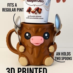 3D Gedruckte Highland Kuh Eiscreme Pint Halter – Niedliche Thermobecher für Häagen-Dazs und Ben & Jerry’s – Löffel Schlitze und versteckte Schublade