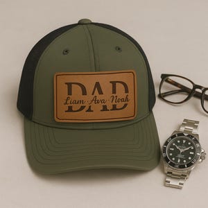 Personalized Dad Hat With Kids Name, Custom Leather Patch Hat, Fathers Day Trucker Hat, New Dad Hat, Birthday Hat, Custom Daddy Hat,Name Hat